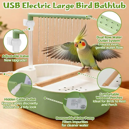 Automatic Bird Bath Tub with Water Shower & Wooden Perch for Cockatiels & Budgies