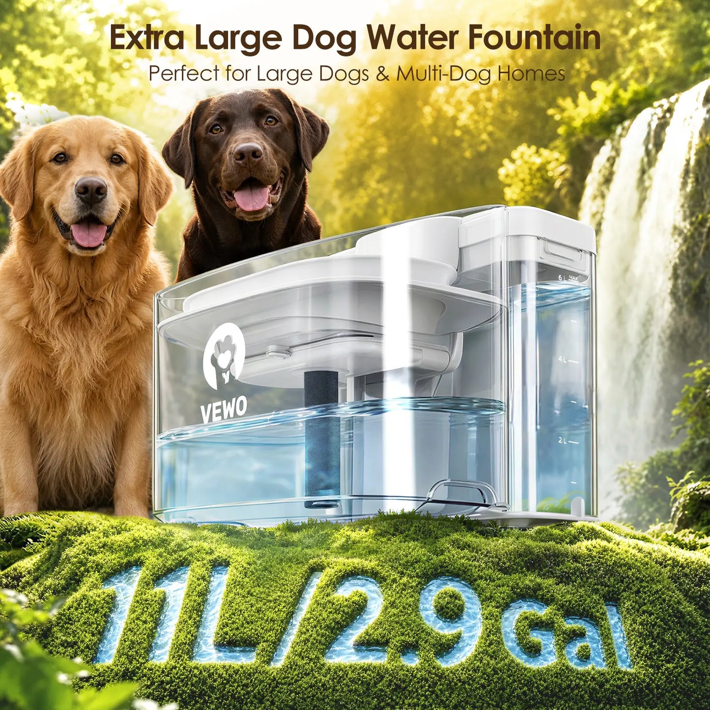 VEWO 11L Large Dog Water Fountain for Big Breeds, No Spill Dog Water Bowl Dispenser with Deep Basin, BPA Free, Ultra Quiet, 7 Days No Refill for Large Dogs/Multi-Pet Homes,Summerwins