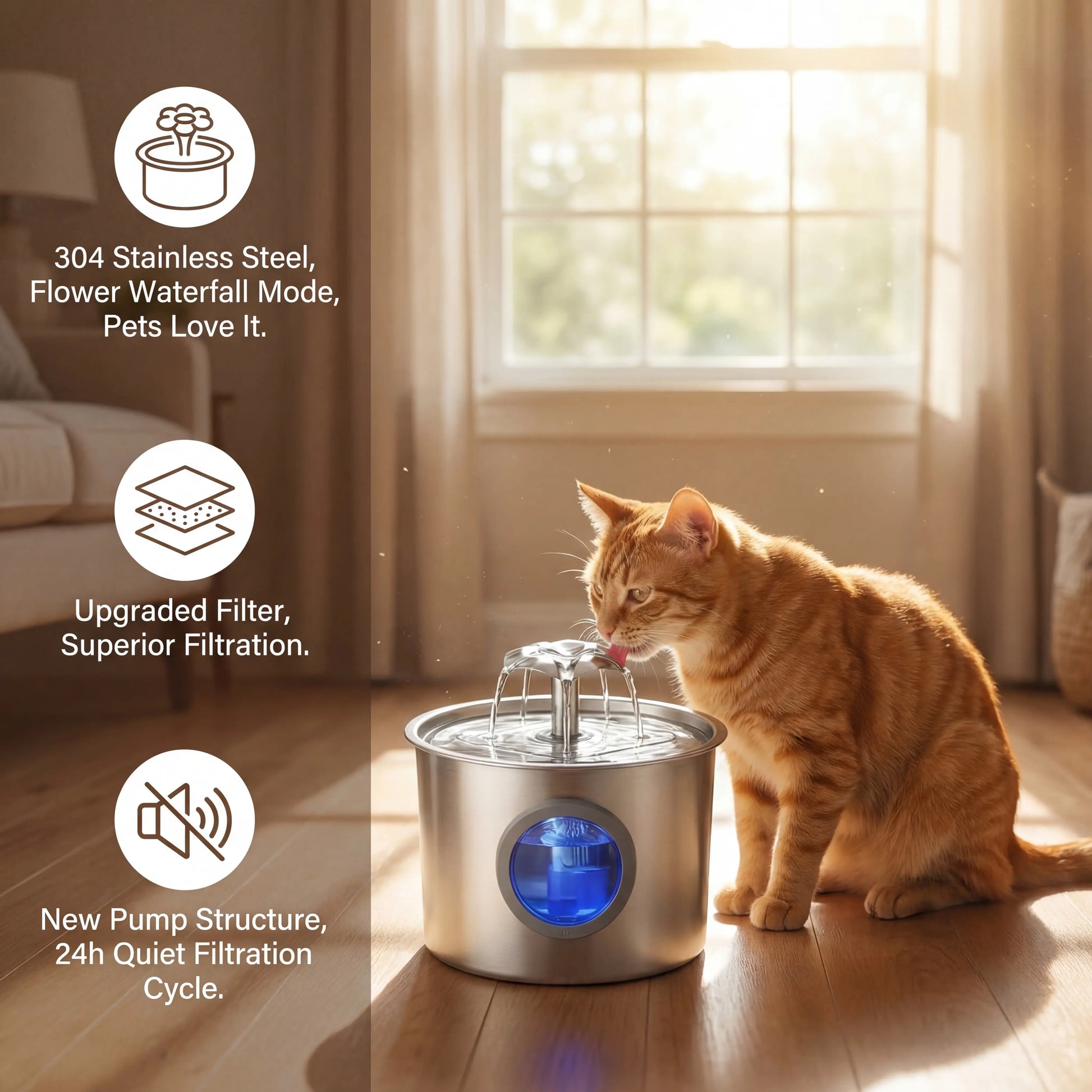 Super Silent Cat Water Dispenser 2.2L Pet Water Dispenser Super Silent 304 Stainless Steel Water Outlet Night Light 6-Layer Filter Soft Blue LED Automatic Gravity Water Supply | Wired Plug in Model | Leak Proof Design | Easy to Clean | Easy to Install